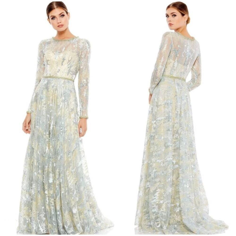 Mac Duggal Silver and Cream Maxi Dress